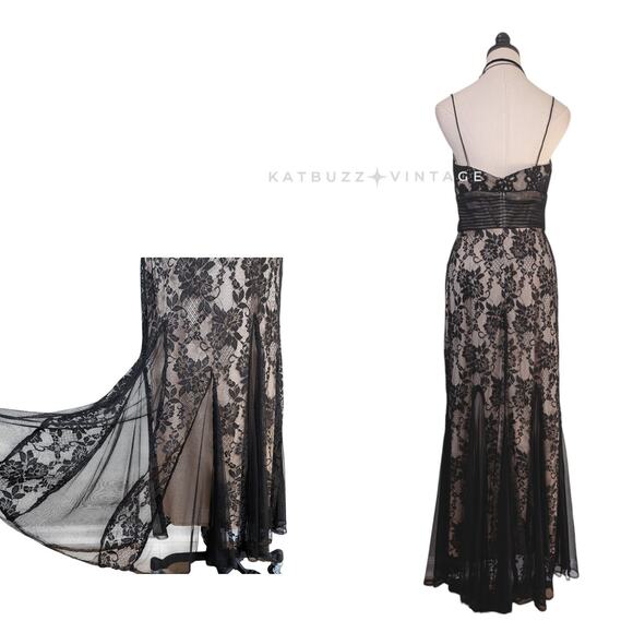 Vintage Cache Prom Dress Maxi Gown 8 Black Tan Lace Empire Y2K 90S Fairy Goth - Picture 2 of 14